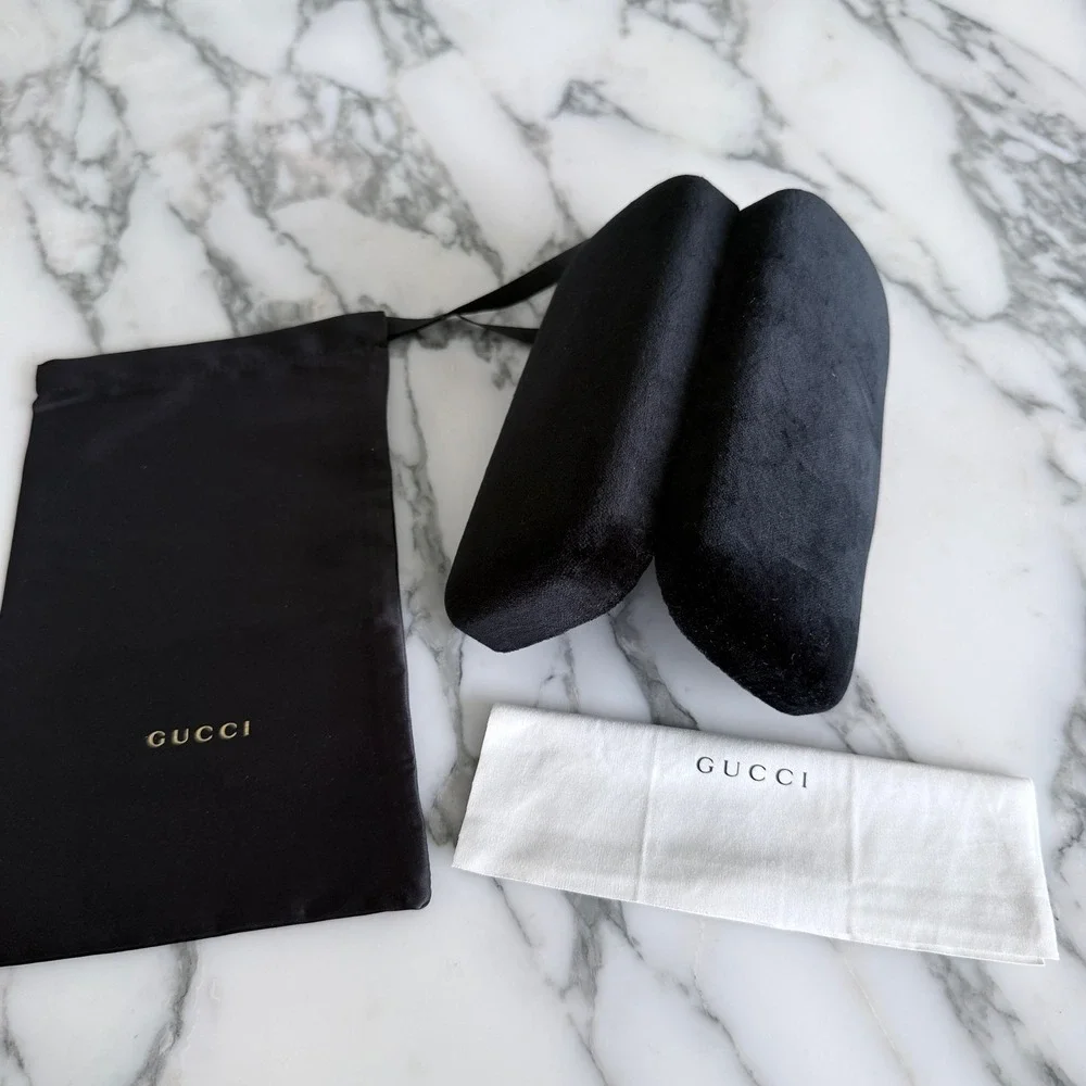 Gucci Black Velvet Sunglasses Case Blue Interior Dust Bag Cleaning Cloth Set